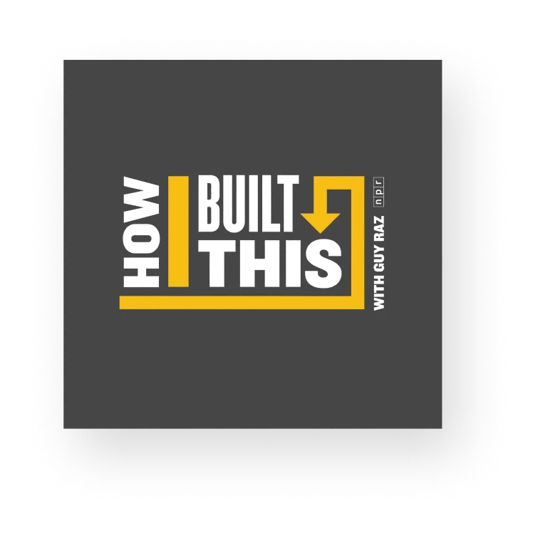 Logo for the podcast 'How I Built This' with Guy Raz, featuring white and yellow text on a dark background.